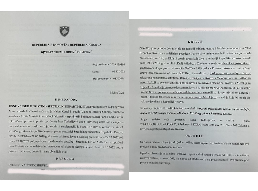 Predsedniku Privremenog organa opštine Zvečan Ivanu Todosijeviću stigla prevedena presuda zbog izjava o Račku