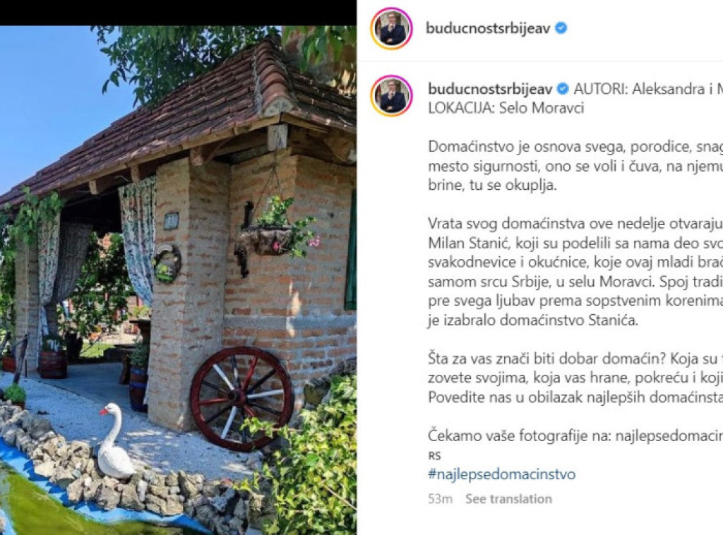 Predsednik Vučić na Instagramu objavio fotografiju nedelje u okviru konkursa Najlepše domaćinstvo Srbije