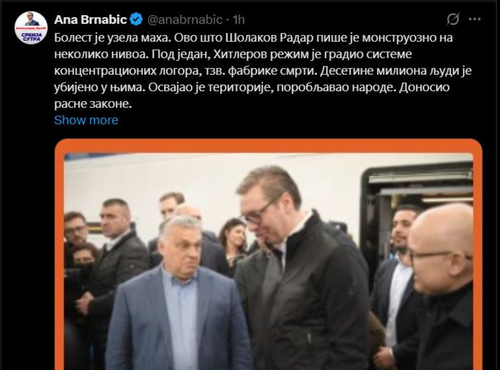 Brnabić: Monstruozno pisanje Radara, povlači paralelu između nacista i srpskog naroda