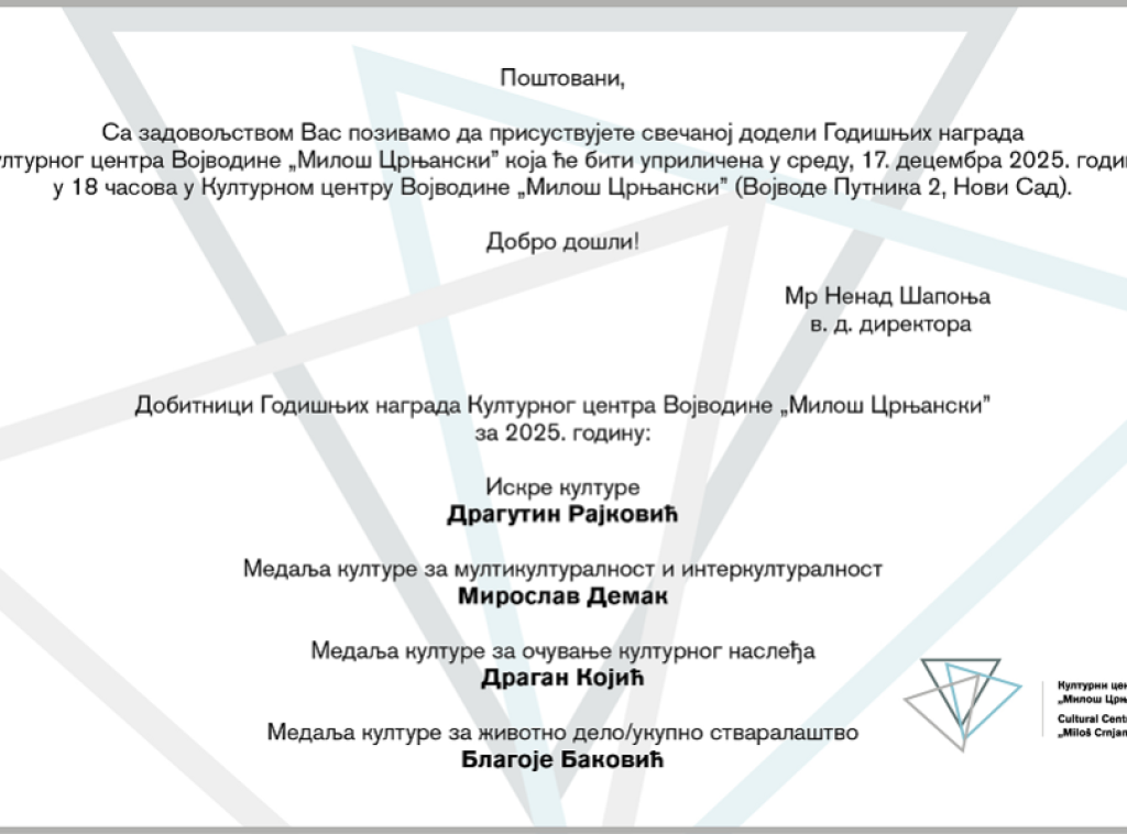 Kulturni centar "Miloš Crnjanski" saopštio četiri dobitnika godišnjih nagrada