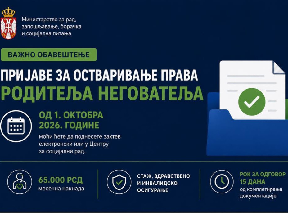 Od 1. oktobra podnošenje zahteva za ostvarivanje prava na status roditelja negovatelja
